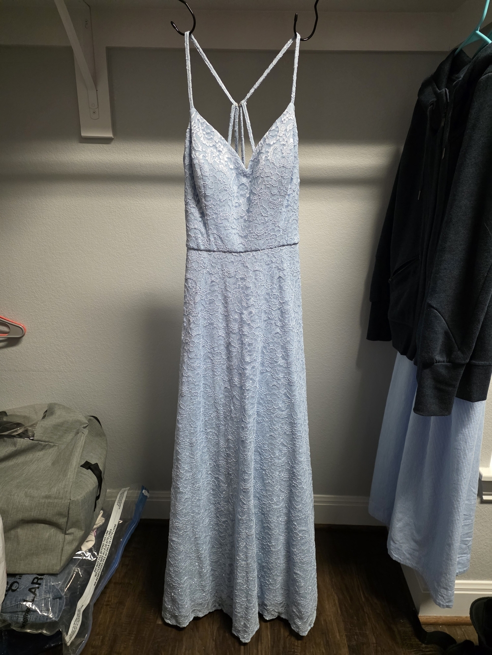 Night Way Collections Sky Blue Lace Glitter Gown Formal